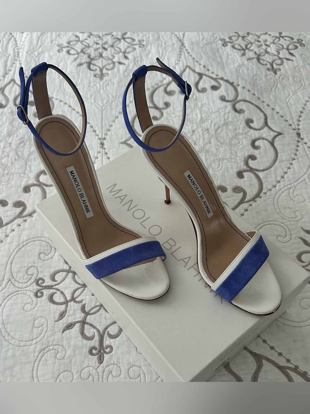 Manolo Blahnik White Leather and Blue Suede Ankle-Strap Sandals 3.5-inch heel